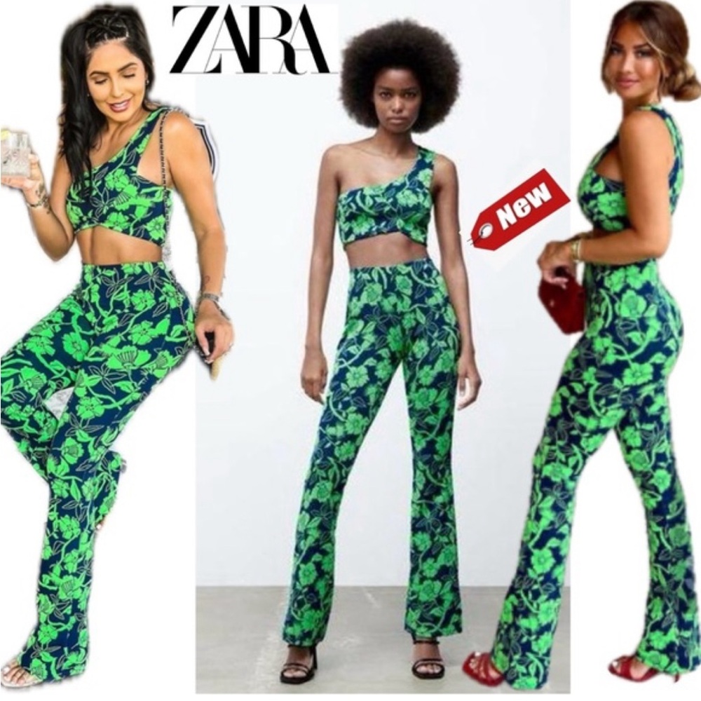 NWT 💚💙 Zara boot cut and flare navy blue and green tropical set size S